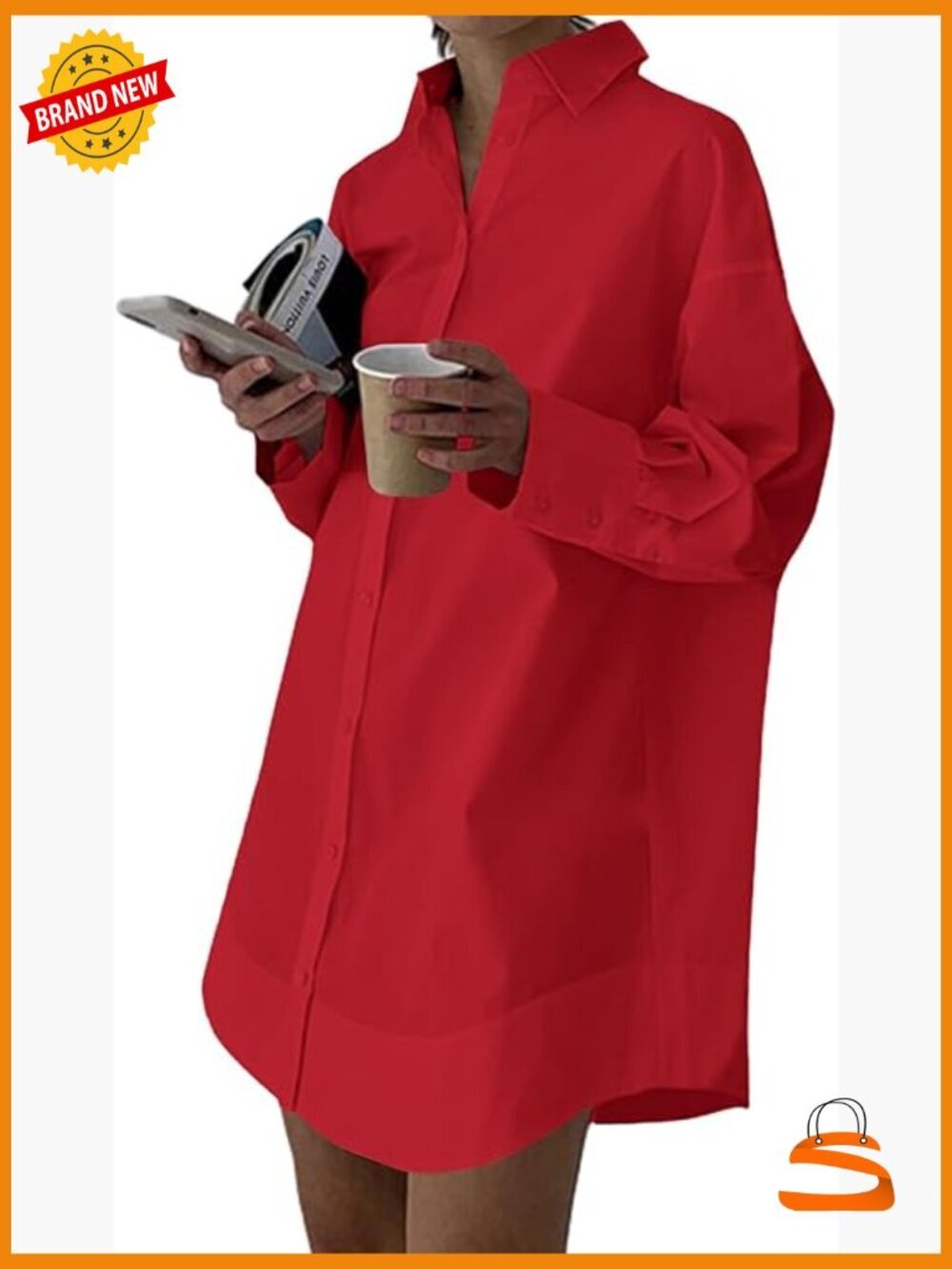 Women's Casual Shirt Dress Collar V-Neck Button Down Long Sleeve Mini